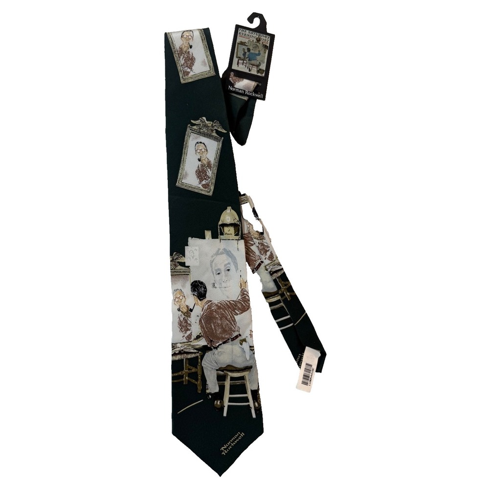 Vintage‎ Norman Rockwell Tie Mens Green Saturday Evening Post Paint Art 90s NWT